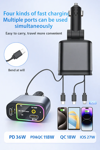 4-in-1 Car Charger with Retractable Cable, Atmosphere Lamp & Star Light | شاحن سيارة 4 في 1