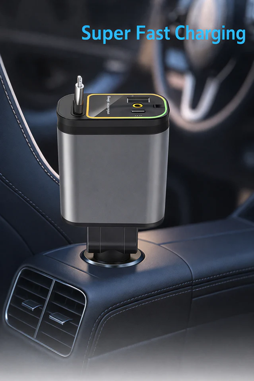 4-in-1 Car Charger with Retractable Cable, Atmosphere Lamp & Star Light | شاحن سيارة 4 في 1