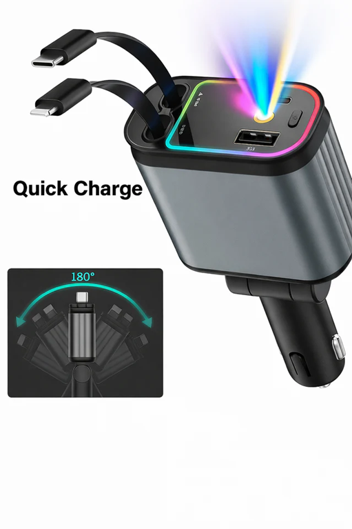 4-in-1 Car Charger with Retractable Cable, Atmosphere Lamp & Star Light | شاحن سيارة 4 في 1