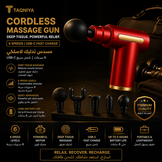 Cordless Massage Gun – 6 Speeds, Deep Tissue, USB-C Fast Charge | مسدس تدليك لاسلكي